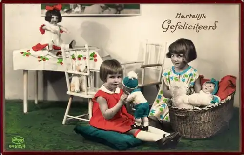 Ak Glückwunsch Geburtstag, Zwei Mädchen mit Puppen