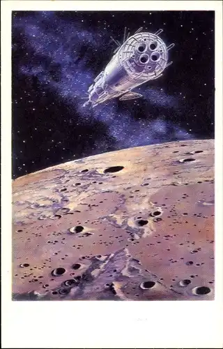 Künstler Ak Sokolov, A., Raumsonde über dem Mond, Sowjetunion