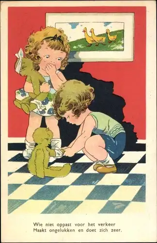 Ak Kinder spielen mit Teddys, Verletzung, Verband