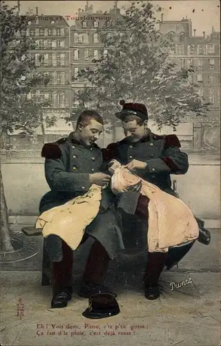 Ak Zwei französische Soldaten mit Puppen