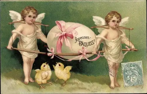 Präge Ak Frohe Ostern, Engel tragen Osterei, Küken