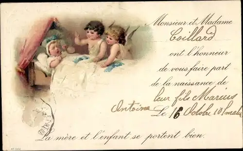 Präge Ak Geburtsanzeige, schlafendes Kind, Engel