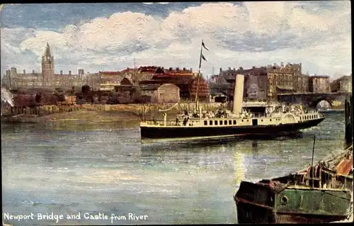 Künstler Ak Newport Wales, Bridge and Castle from River, Salondampfer