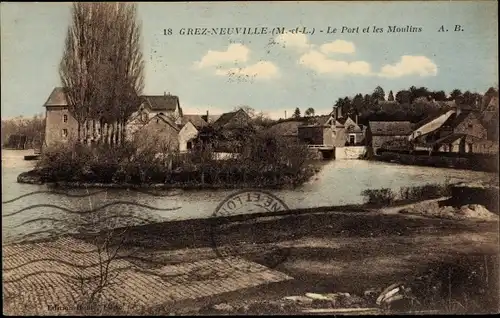 Ak Grez Neuville Maine et Loire, Le Port et les Moulins