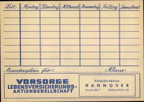 Stundenplan Vorsorge Lebensbersicherungs AG, Wertvolle Briefmarken, Hannover