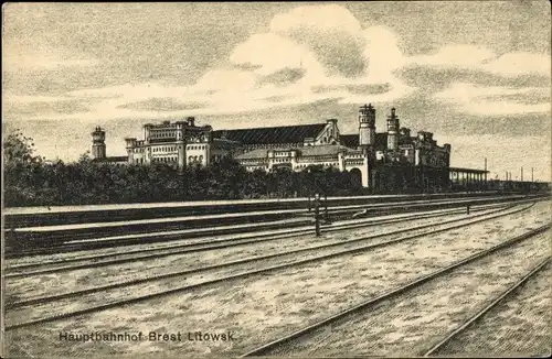 Ak Brest Litowsk Weißrussland, Hauptbahnhof, Gleisseite