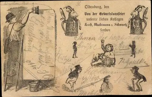 Litho Oldenburg im Großherzogtum Oldenburg, Geburtstagsfeier, Bier, Ziegenbock, Kind mit Weinglas