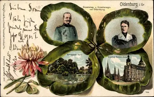 Präge Kleeblatt Litho Oldenburg, Großherzog mit Frau, Schlossgarten, Schloss