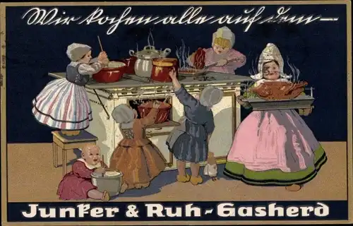 Ak Werbung, Junker und Ruh-Gasherd, Köchinnen, Kochtöpfe, Braten