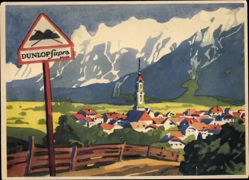 Ak Reklame, Dunlop Supra, Gebirge, Kirche, Gesamtansicht