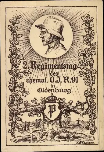 Künstler Ak Bökmann, F., Oldenburg im Großherzogtum Oldenburg, 2. Regimentstag, Soldat, Baum