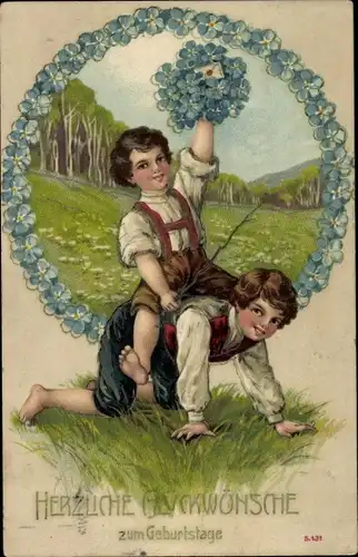 Präge Ak Glückwunsch Geburtstag, Kinder, Blumen, Vergissmeinnicht