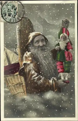 Ak Glückwunsch Weihnachten, Weihnachtsmann im Schneefall, Puppe
