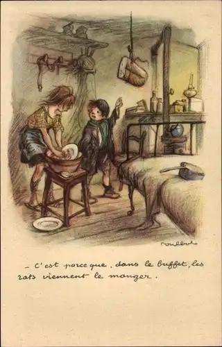 Künstler Ak Poulbot, Mädchen spült Geschirr, Hängendes Brot, Ligue nationale contre le taudis