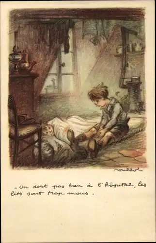 Künstler Ak Poulbot, Francisque, On dort pas bien a l'hopital, Ligue nationale contre le taudis