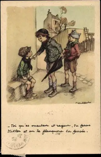 Künstler Ak Poulbot, Kinder, Junge mit schwarzem Regenschirm, Ligue nationale contre le taudis