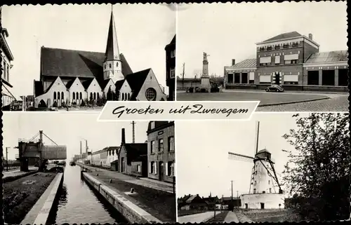 Ak Zwevegem Westflandern, Windmühle, Kirche, Fluss