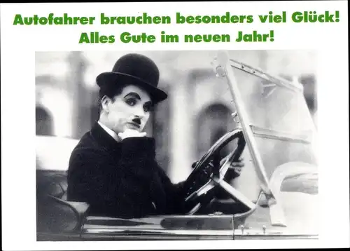 Ak Schauspieler Charlie Chaplin, Auto, Glückwunsch Neujahr