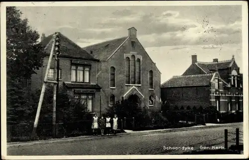 Ak Schoondijke Lock Zeeland Niederlande, Straßenpartie, Kirche