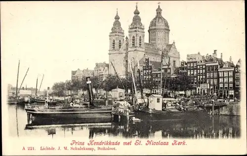 Ak Amsterdam Nordholland, Prins Hendrikkade Niederlande, St.-Nikolaus-Kirche