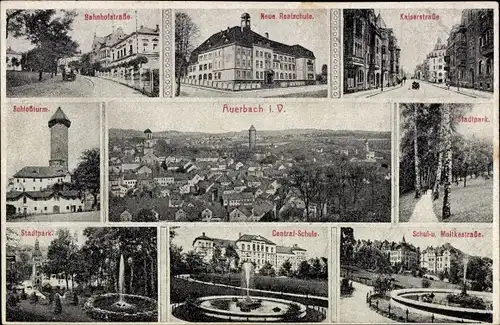 Ak Auerbach im Vogtland, Schlossturm, Centralschule, Neue Realschule, Bahnhofstraße, Stadtpark