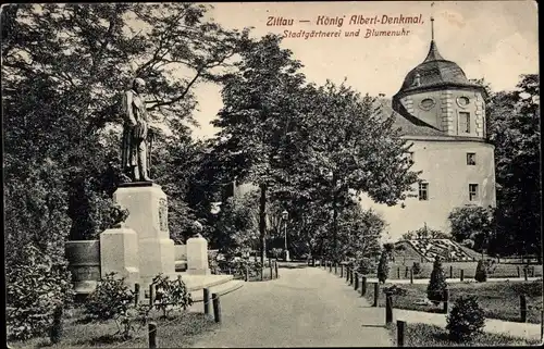 Ak Zittau in Sachsen, König Albert Denkmal, Stadtgärtnerei, Blumenuhr