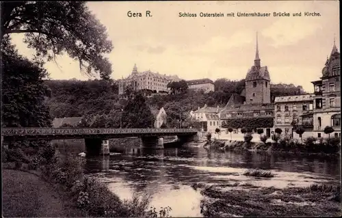 Ak Untermhaus Gera in Thüringen, Schloss Osterstein, Brücke, Kirche