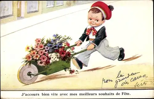 Künstler Ak Wills, John, Glückwunsch zum Geburtstag, Junge mit Schubkarre, Blumen