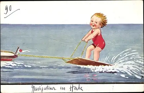 Künstler Ak Wills, John, Kind im Badeanzug auf einem Brett, Wasserski