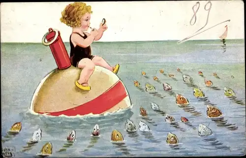 Künstler Ak Wills, John, Mädchen schminkt sich auf einer Boje, Fische schauen aus dem Wasser