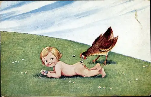 Künstler Ak Wills, John, Kind auf einer Wiese liegend, Huhn