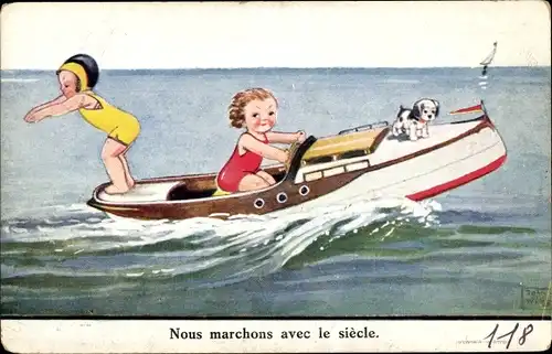 Künstler Ak Wills, John, Kinder auf einem Motorboot, Sprung ins Wasser