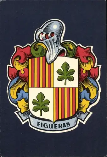 Wappen Ak Figueras Katalonien, Ritterhelm, Laubblätter