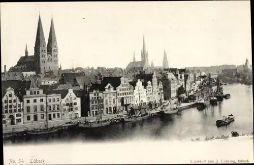 Ak Lübeck, Giebelhäuser an der Trave, Schiffe, Kirchen