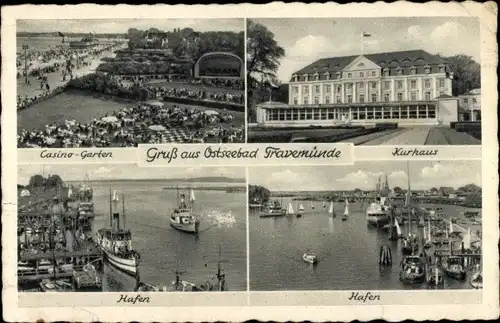 Ak Ostseebad Travemünde Lübeck, Casino-Garten, Kurhaus, Hafen