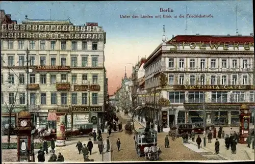 Ak Berlin Mitte, Unter den Linden, Friedrichstraße, Victoria Café, Reklame Stollwerck