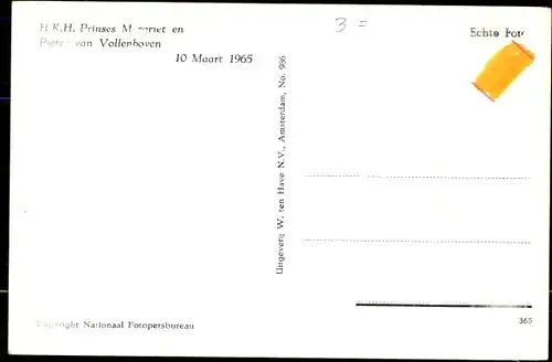 Ak Prinzessin Margriet der Niederlande, Pieter van Vollenhoven, 1965