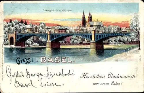 Glitzer Litho Basel Stadt Schweiz, Wettsteinbrücke, Münster, Winter, Fröhliches Neujahr