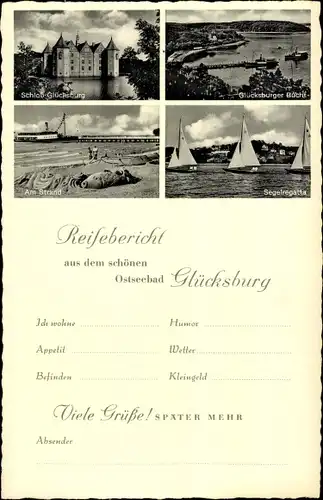 Ak Glücksburg an der Ostsee, Schloss Glücksburg, Bucht, Strand, Segelregatta