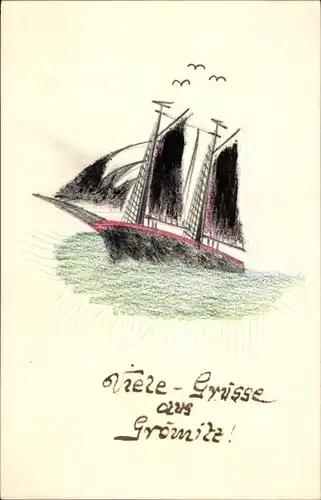 Handgemalt Ak Ostseebad Grömitz in Holstein, Segelschiff