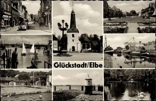 Ak Glückstadt an der Elbe, Kirche, Außenhafen, Schwimmbad, Mole, Binnenhafen, Fleet