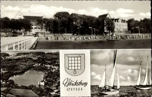 Ak Glücksburg an der Ostsee, Strand, Steg, Kurhaus, Schloss, Wappen, Segelboote