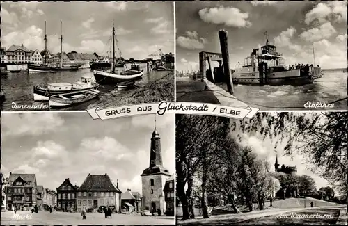 Ak Glückstadt an der Elbe, Fähre, Wasserturm, Markt, Innenhafen