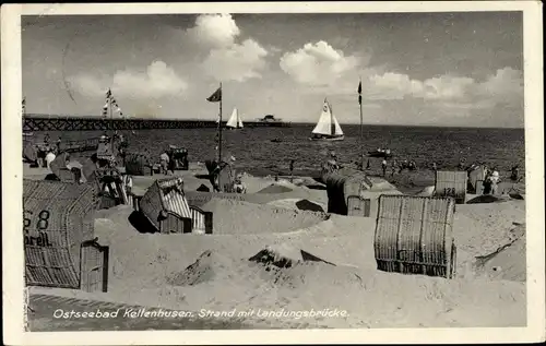 Ak Ostseebad Kellenhusen in Holstein, Strand, Landungsbrücke, Strandkörbe