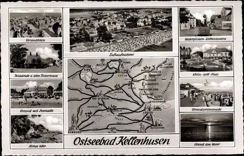 Ak Ostseebad Kellenhusen in Holstein, Luftaufnahme, Strand, Promenade, Lesehalle, Landkarte