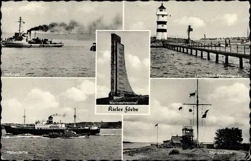 Ak Ostseebad Laboe, Marine Ehrenmal, Leuchtturm Friedrichsort, Hafen, Signalstation