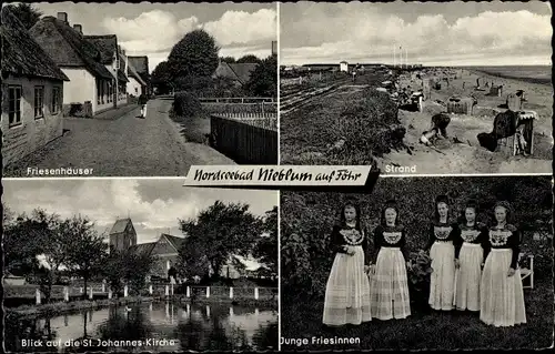 Ak Nieblum Insel Föhr Nordfriesland, Friesenhäuser, Strand, St. Johannes Kirche, Friesinnen, Tracht