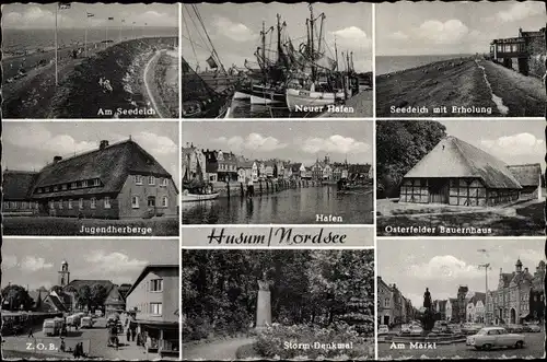 Ak Husum in Nordfriesland, Jugendherberge, Seedeich, Hafen, Storm-Denkmal, Markt, Bauernhaus