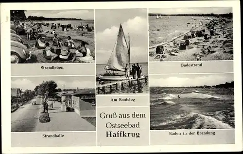 Ak Haffkrug Scharbeutz Ostholstein, Strandleben, Strandhalle, Brandung, Bootsteg, Segelboot