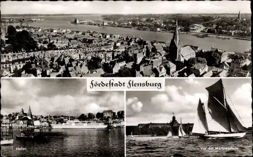 Ak Flensburg, Hafen, Marienschule, Segelboote, Panorama